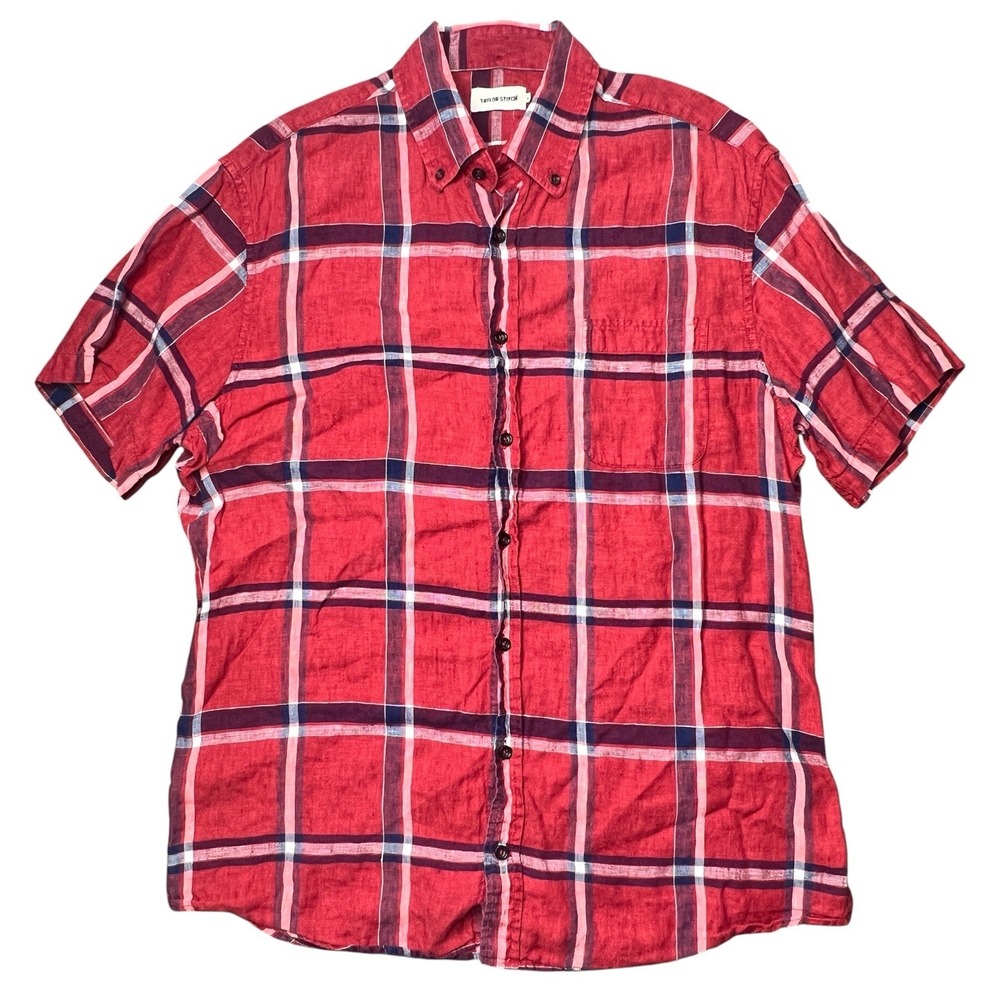 Taylor Stitch The SS Jack Shirt Men's 44 XL 100% Linen Button Up Red Plaid